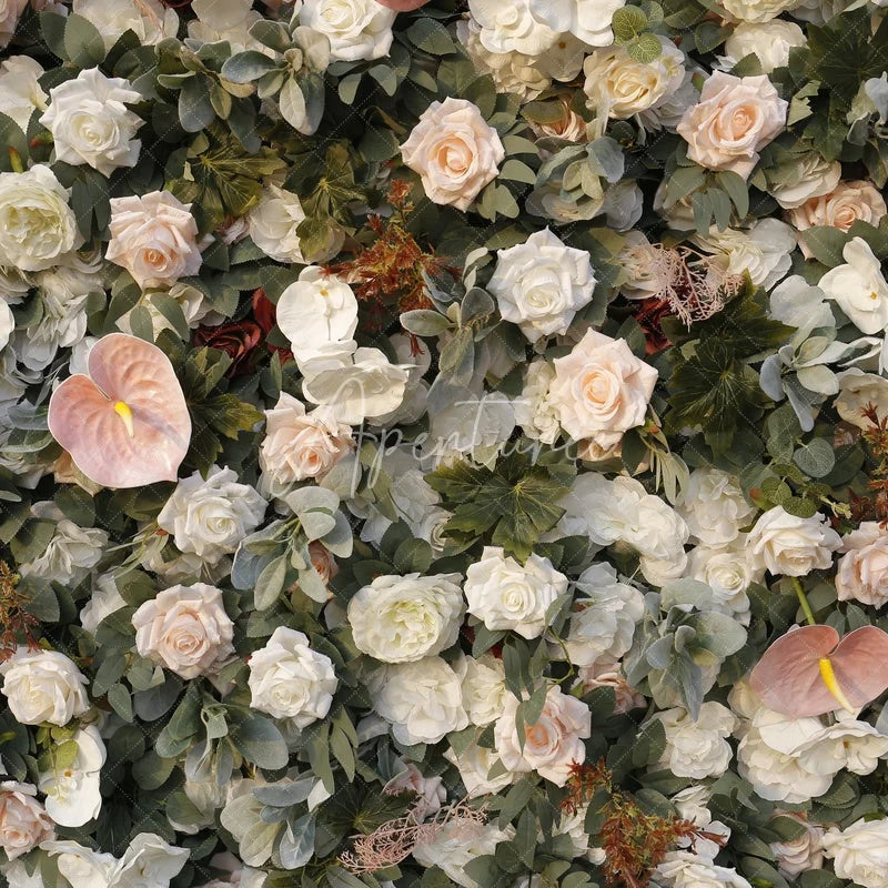 Aperturee - Aperturee Elegant White Blush Pink and Cream Rose Artificial Flower Wall with Anthurium Lush Green Foliage Wedding Party Decor