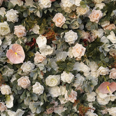 Aperturee - Aperturee Elegant White Blush Pink and Cream Rose Artificial Flower Wall with Anthurium Lush Green Foliage Wedding Party Decor