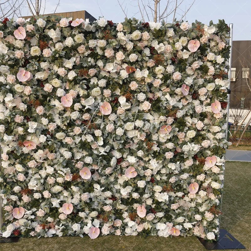 Aperturee - Aperturee Elegant White Blush Pink and Cream Rose Artificial Flower Wall with Anthurium Lush Green Foliage Wedding Party Decor
