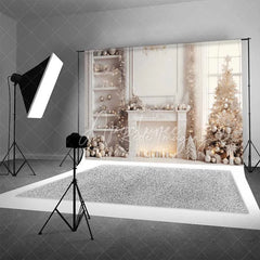 Aperturee - Aperturee Elegant White Christmas Backdrop Fireplace Flocked Tree Gold Silver Ornaments Candles Photo Background