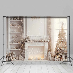 Aperturee - Aperturee Elegant White Christmas Backdrop Fireplace Flocked Tree Gold Silver Ornaments Candles Photo Background