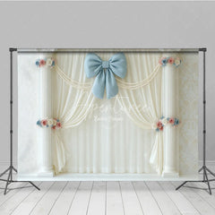 Aperturee - Aperturee Elegant White Curtain Photography Backdrop Blue Bow with Columns and Pearls Wedding or Bridal Shower Decor