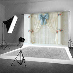 Aperturee - Aperturee Elegant White Curtain Photography Backdrop Blue Bow with Columns and Pearls Wedding or Bridal Shower Decor