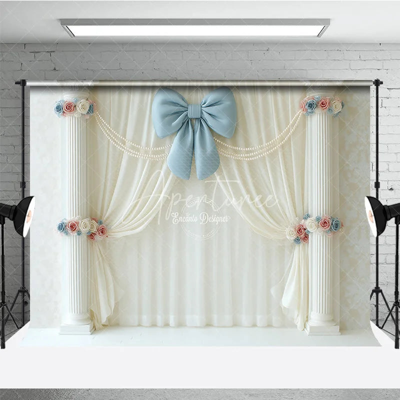 Aperturee - Aperturee Elegant White Curtain Photography Backdrop Blue Bow with Columns and Pearls Wedding or Bridal Shower Decor