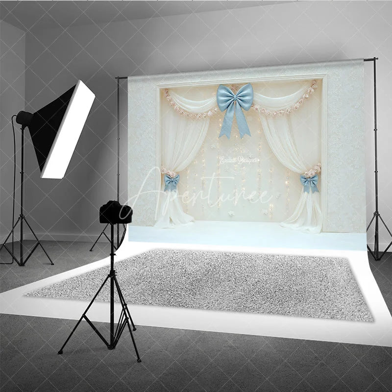 Aperturee - Aperturee Elegant White Curtain Photography Backdrop Blue Bows with Fairy Lights Wedding or Bridal Shower Photo Booth Decor