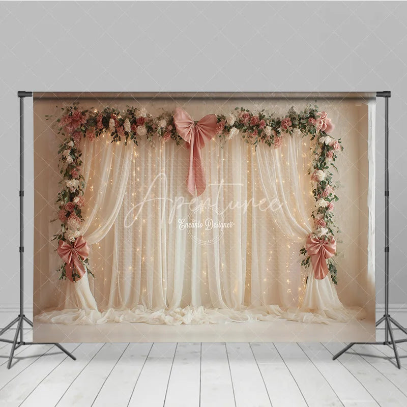 Aperturee - Aperturee Elegant White Curtain Photography Backdrop with Pink Bows Floral Garland and Fairy Lights Wedding Photo Booth