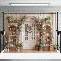 Aperturee - Aperturee Elegant White Door Easter Photography Backdrop Floral Wreath and Pastel Egg Shelves Studio Background