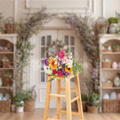 Aperturee - Aperturee Elegant White Door Easter Photography Backdrop Floral Wreath and Pastel Egg Shelves Studio Background