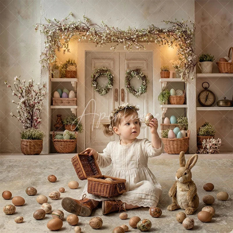 Aperturee - Aperturee Elegant White Double Door Floral Garland Combo Set Backdrop Rustic Easter Spring Photography Decor with Pastel Eggs