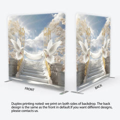 Aperturee - Aperturee Elegant White Doves and Golden Gates Square Tension Backdrop Heavenly Marble Stairs for Wedding Baptism or Memorial
