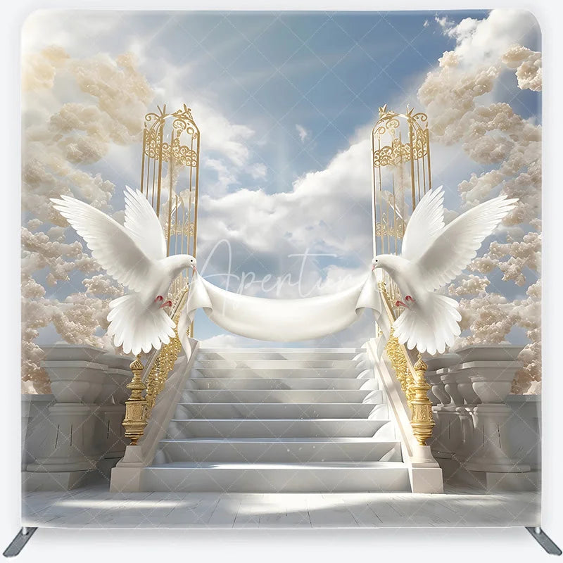 Aperturee - Aperturee Elegant White Doves and Golden Gates Square Tension Backdrop Heavenly Marble Stairs for Wedding Baptism or Memorial