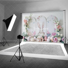 Aperturee - Aperturee Elegant White Easter Bunny Backdrop Floral Arch and Speckled Eggs Spring Party Decoration
