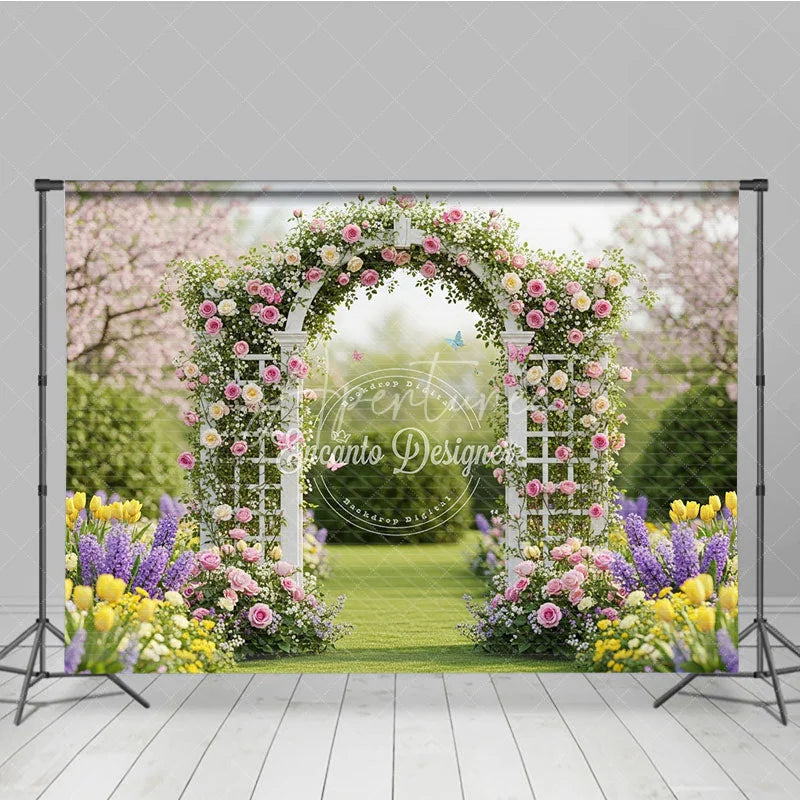 Aperturee - Aperturee Elegant White Floral Arch Photography Backdrop with Pink and Yellow Roses Spring Garden Wedding Celebration