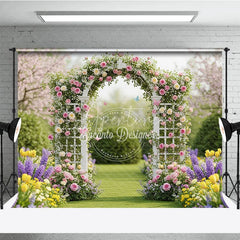 Aperturee - Aperturee Elegant White Floral Arch Photography Backdrop with Pink and Yellow Roses Spring Garden Wedding Celebration