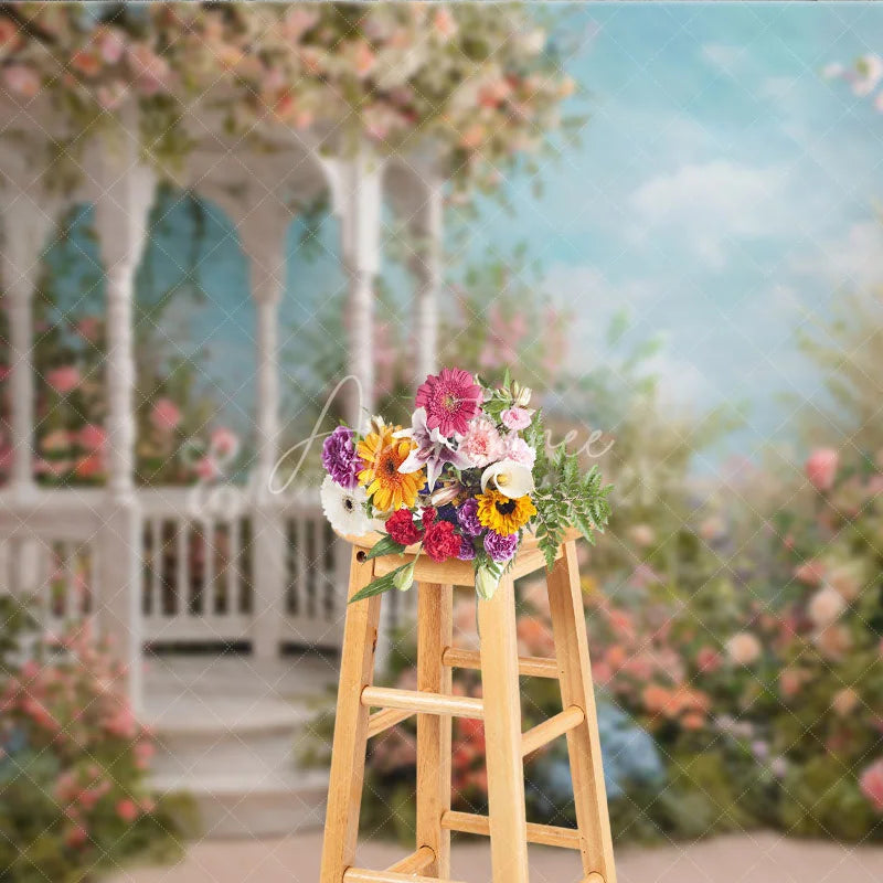 Aperturee - Aperturee Elegant White Gazebo Photography Backdrop with Pastel Pink and Peach Flowers Romantic Garden Scene for Weddings