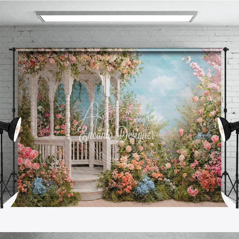 Aperturee - Aperturee Elegant White Gazebo Photography Backdrop with Pastel Pink and Peach Flowers Romantic Garden Scene for Weddings