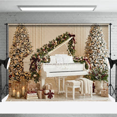 Aperturee - Aperturee Elegant White Grand Piano and Flocked Christmas Trees Holiday Backdrop Festive Gold Ornaments Musical Holiday Decor