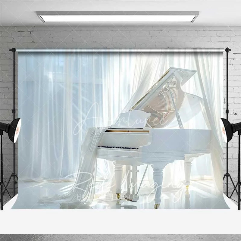 Aperturee - Aperturee Elegant White Grand Piano Photography Backdrop Flowing Curtains Bright Window Photo Background Music Room Photo Prop