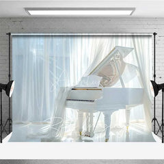Aperturee - Aperturee Elegant White Grand Piano Photography Backdrop Flowing Curtains Bright Window Photo Background Music Room Photo Prop