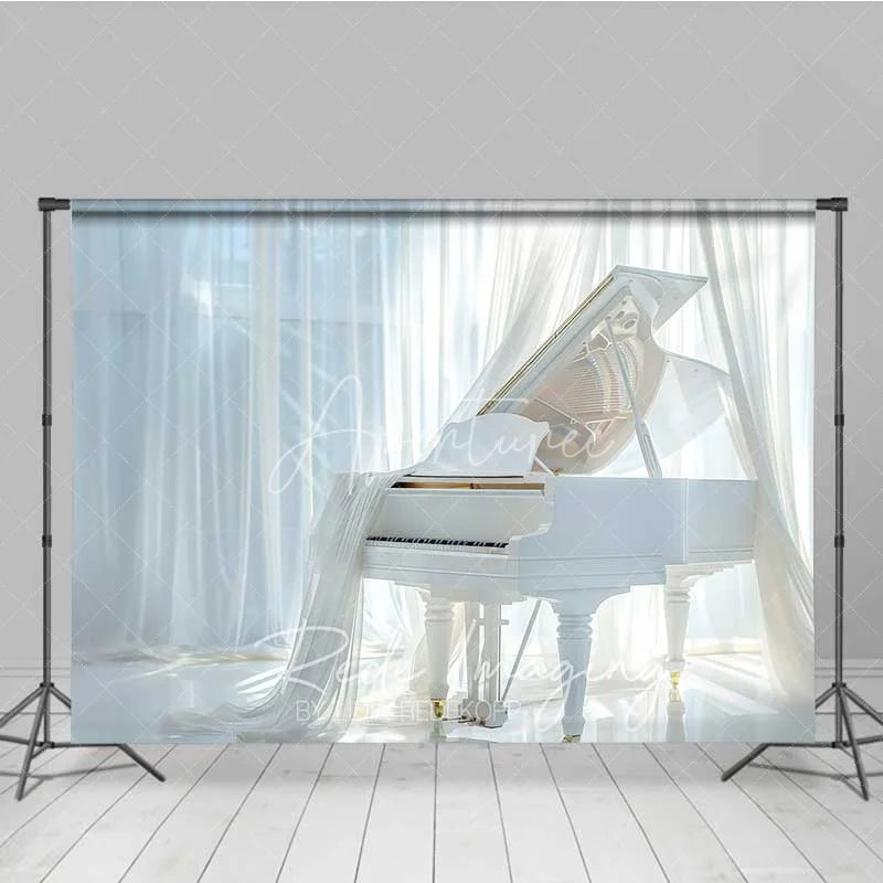 Aperturee - Aperturee Elegant White Grand Piano Photography Backdrop Flowing Curtains Bright Window Photo Background Music Room Photo Prop