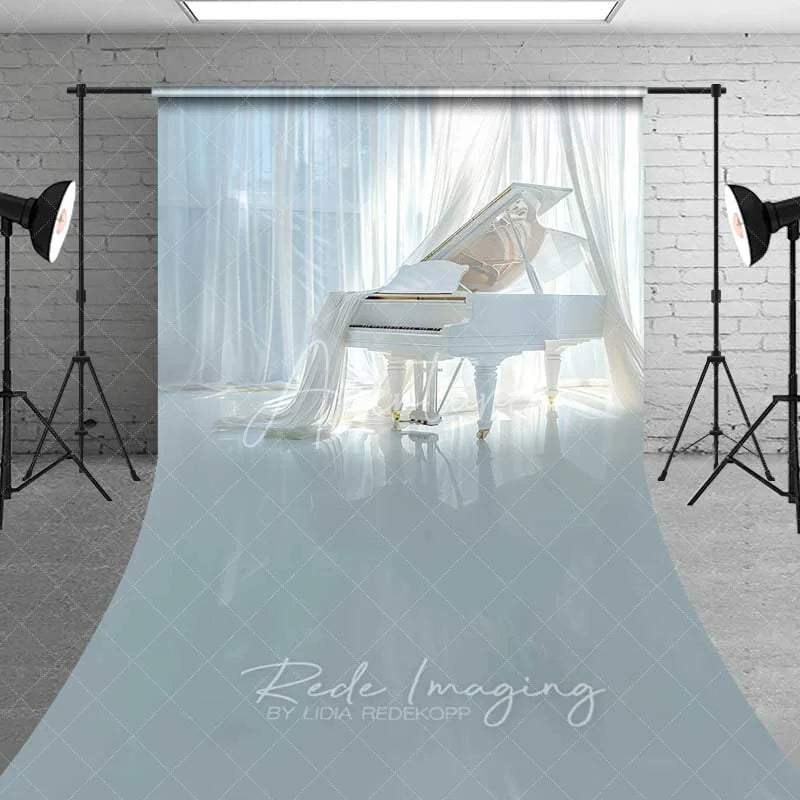 Aperturee - Aperturee Elegant White Grand Piano Sweep Backdrop Glossy White Floor Photography Floor Mat Music Room Decoration