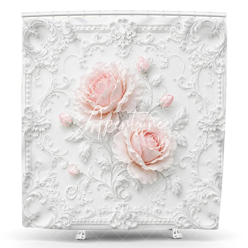 Aperturee - Aperturee Elegant White Ornate Frame with Blush Pink Roses Floral Shower Curtain Classic Romantic Bathroom Decor.