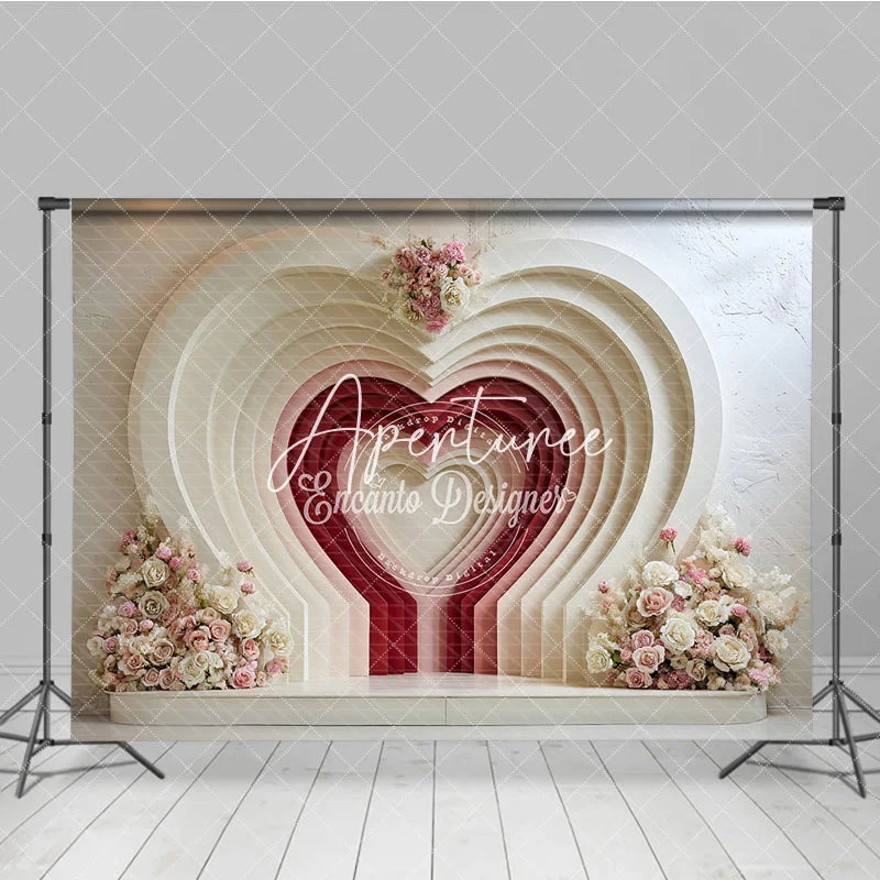 Aperturee - Aperturee Elegant White Pink and Red Layered Heart Floral Photography Backdrop Romantic Valentine’s Day Wedding Anniversary