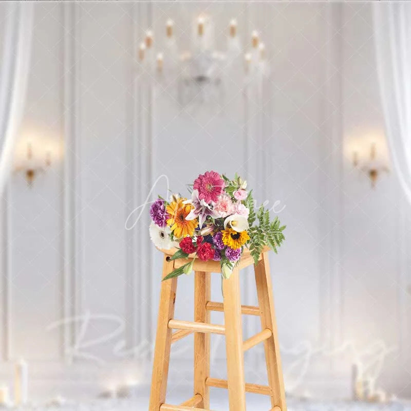 Aperturee - Aperturee Elegant White Room Photography Backdrop Crystal Chandelier Curtains Candles Background Wedding Bridal Photo Prop