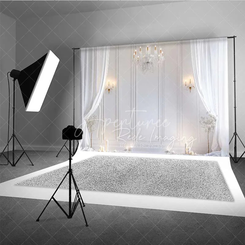 Aperturee - Aperturee Elegant White Room Photography Backdrop Crystal Chandelier Curtains Candles Background Wedding Bridal Photo Prop