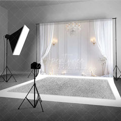 Aperturee - Aperturee Elegant White Room Photography Backdrop Crystal Chandelier Curtains Candles Background Wedding Bridal Photo Prop