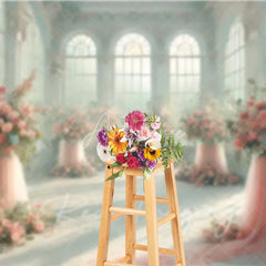 Aperturee - Aperturee Elegant White Room Wedding Backdrop Arched Windows and Pink Floral Tulle Stands Photography Background for Bridal