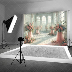 Aperturee - Aperturee Elegant White Room Wedding Backdrop Arched Windows and Pink Floral Tulle Stands Photography Background for Bridal