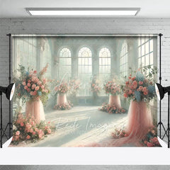 Aperturee - Aperturee Elegant White Room Wedding Backdrop Arched Windows and Pink Floral Tulle Stands Photography Background for Bridal