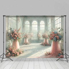 Aperturee - Aperturee Elegant White Room Wedding Backdrop Arched Windows and Pink Floral Tulle Stands Photography Background for Bridal
