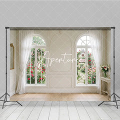 Aperturee - Aperturee Elegant White Room with Arched Windows and Rose Garden Photography Backdrop Romantic Valentine’s Day Theme