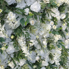 Aperturee - Aperturee Elegant White Rose and Green Leaf Artificial Flower Wall Lush Floral Backdrop for Wedding Party Events