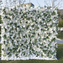 Aperturee - Aperturee Elegant White Rose and Green Leaf Artificial Flower Wall Lush Floral Backdrop for Wedding Party Events