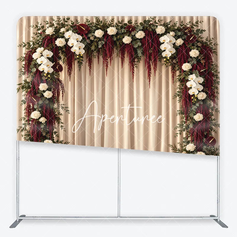 Aperturee - Aperturee Elegant White Rose and Orchid Floral Arch Square Double-Sided Backdrop Deep Red Amaranthus Wedding Decor