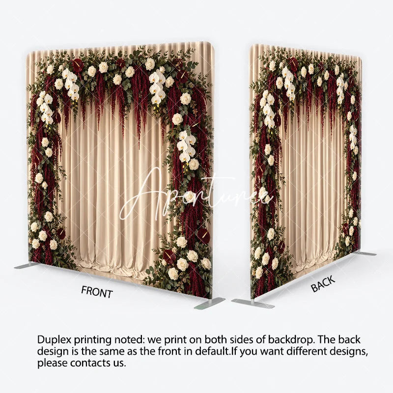 Aperturee - Aperturee Elegant White Rose and Orchid Floral Arch Square Double-Sided Backdrop Deep Red Amaranthus Wedding Decor