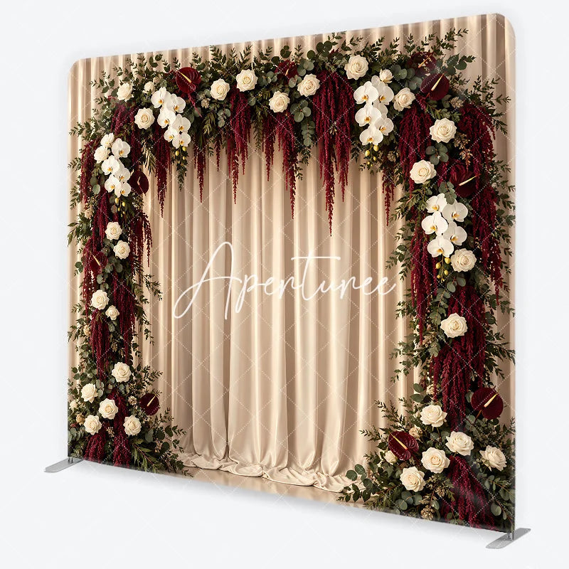 Aperturee - Aperturee Elegant White Rose and Orchid Floral Arch Square Double-Sided Backdrop Deep Red Amaranthus Wedding Decor