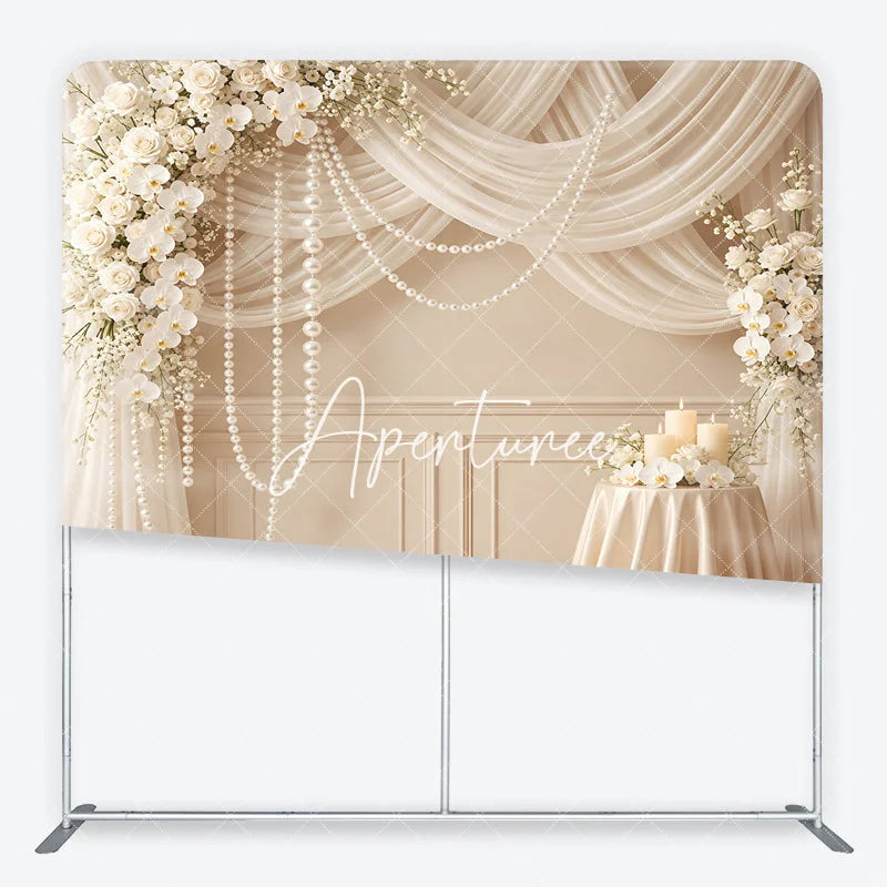Aperturee - Aperturee Elegant White Rose Orchid and Pearl Wedding Square Double-Sided Backdrop Cream Drapes and Candles Celebration Decor