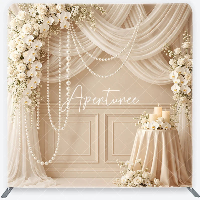Aperturee - Aperturee Elegant White Rose Orchid and Pearl Wedding Square Double-Sided Backdrop Cream Drapes and Candles Celebration Decor