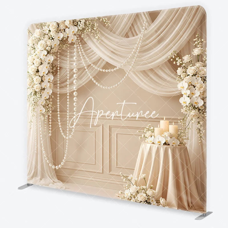 Aperturee - Aperturee Elegant White Rose Orchid and Pearl Wedding Square Double-Sided Backdrop Cream Drapes and Candles Celebration Decor