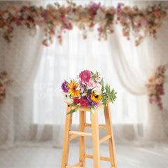 Aperturee - Aperturee Elegant White Sheer Curtain Photography Backdrop with Peach and Pink Floral Arch Romantic Wedding or Baby Shower Decor
