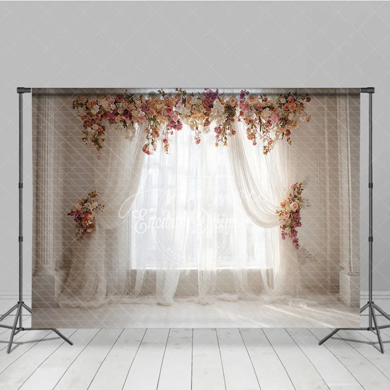 Aperturee - Aperturee Elegant White Sheer Curtain Photography Backdrop with Peach and Pink Floral Arch Romantic Wedding or Baby Shower Decor