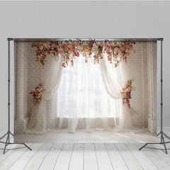 Aperturee - Aperturee Elegant White Sheer Curtain Photography Backdrop with Peach and Pink Floral Arch Romantic Wedding or Baby Shower Decor