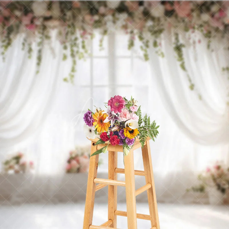 Aperturee - Aperturee Elegant White Sheer Curtains and Floral Window Photography Backdrop Romantic Pink Flowers and Greenery Decor