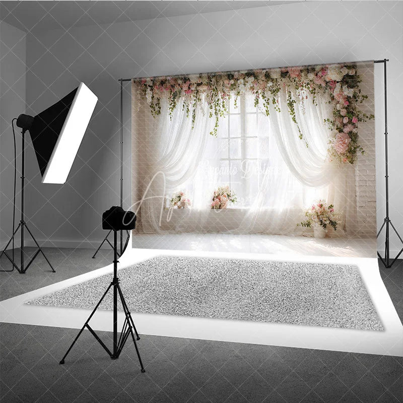 Aperturee - Aperturee Elegant White Sheer Curtains and Floral Window Photography Backdrop Romantic Pink Flowers and Greenery Decor