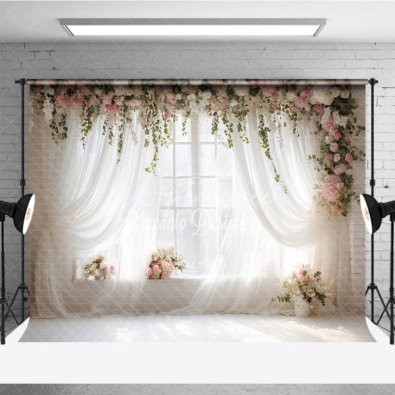 Aperturee - Aperturee Elegant White Sheer Curtains and Floral Window Photography Backdrop Romantic Pink Flowers and Greenery Decor