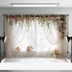 Aperturee - Aperturee Elegant White Sheer Curtains and Floral Window Photography Backdrop Romantic Pink Flowers and Greenery Decor